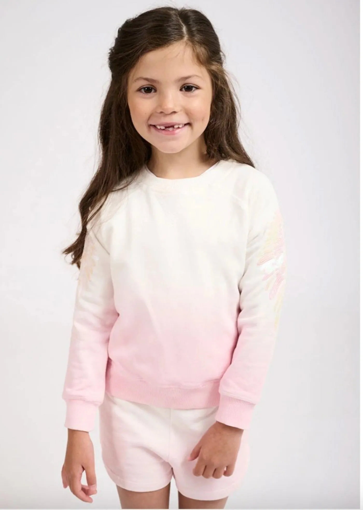 Angel's Face Girls Tamsin Dip Sweatshirt In White and Fairy Pink