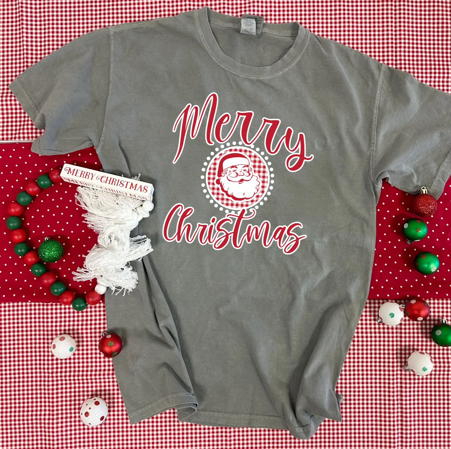 BLACK FRIDAY 2024: Merry Christmas Santa & Gingham (*MULTIPLE STYLES AVAILABLE: BASIC VNECK & CREW NECK, BELLA CANVAS VNECK & CREW NECK, COMFORT COLORS SHORT SLEEVE & LONG SLEEVE, SWEATSHIRT*)