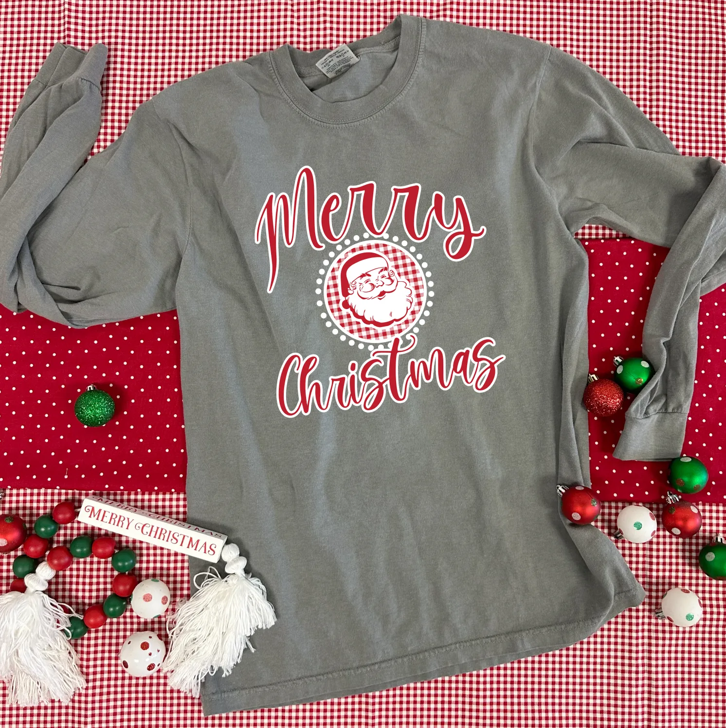 BLACK FRIDAY 2024: Merry Christmas Santa & Gingham (*MULTIPLE STYLES AVAILABLE: BASIC VNECK & CREW NECK, BELLA CANVAS VNECK & CREW NECK, COMFORT COLORS SHORT SLEEVE & LONG SLEEVE, SWEATSHIRT*)