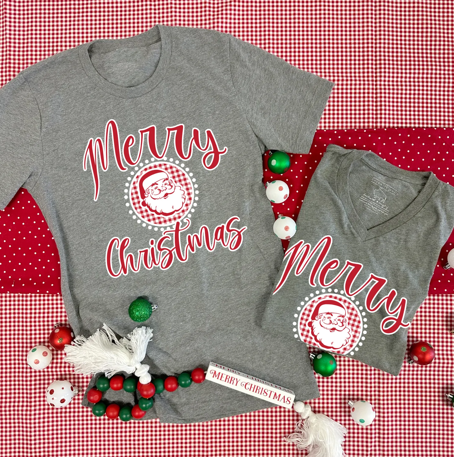 BLACK FRIDAY 2024: Merry Christmas Santa & Gingham (*MULTIPLE STYLES AVAILABLE: BASIC VNECK & CREW NECK, BELLA CANVAS VNECK & CREW NECK, COMFORT COLORS SHORT SLEEVE & LONG SLEEVE, SWEATSHIRT*)