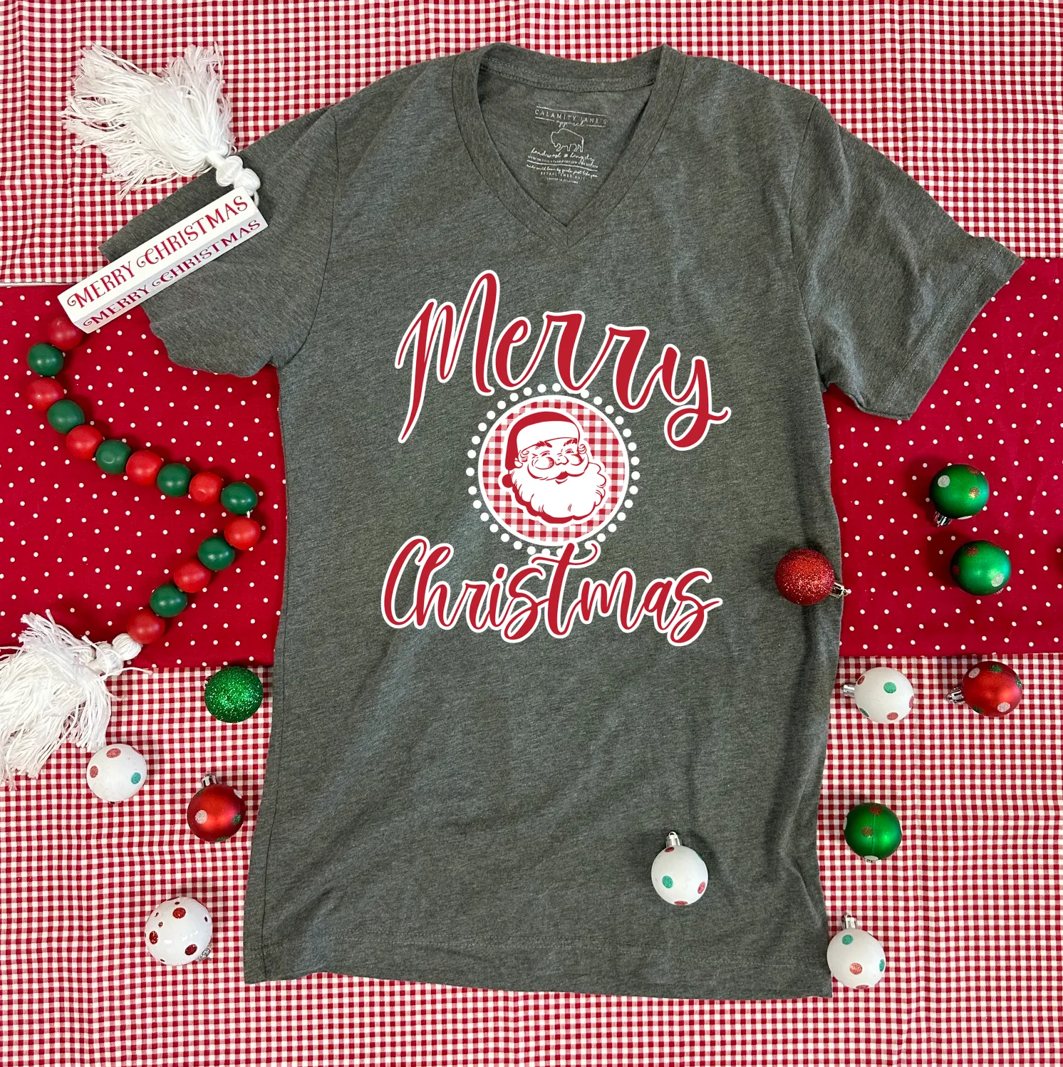 BLACK FRIDAY 2024: Merry Christmas Santa & Gingham (*MULTIPLE STYLES AVAILABLE: BASIC VNECK & CREW NECK, BELLA CANVAS VNECK & CREW NECK, COMFORT COLORS SHORT SLEEVE & LONG SLEEVE, SWEATSHIRT*)