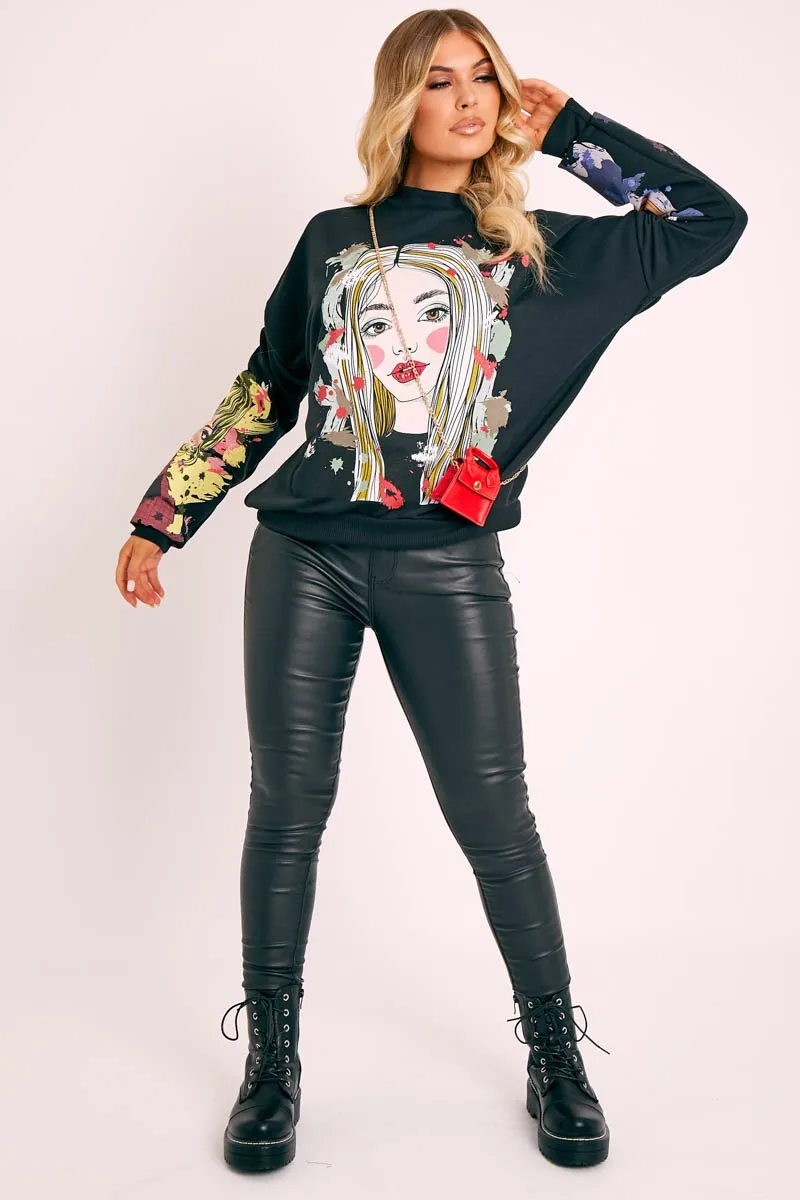 Black Illustration Graphic Print Sweatshirt - Cammie