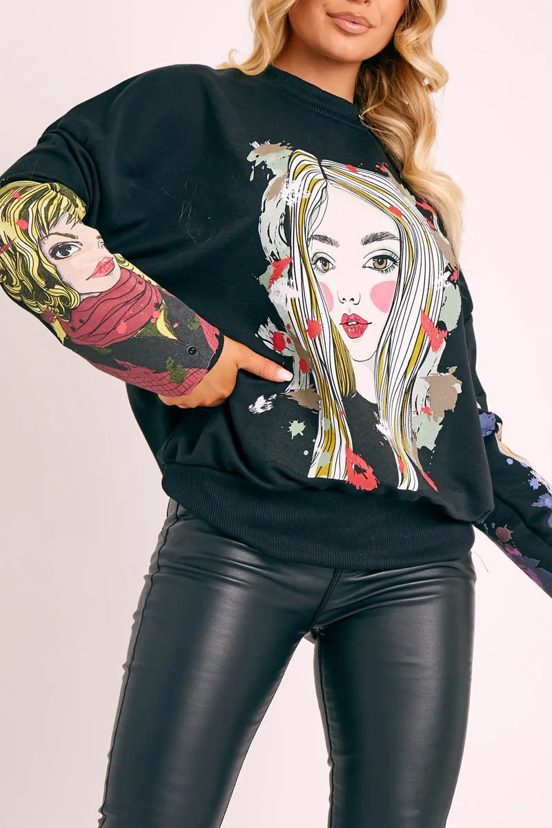 Black Illustration Graphic Print Sweatshirt - Cammie