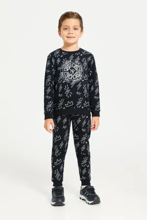 Boys Black Printed Jogger Set (2 Piece)