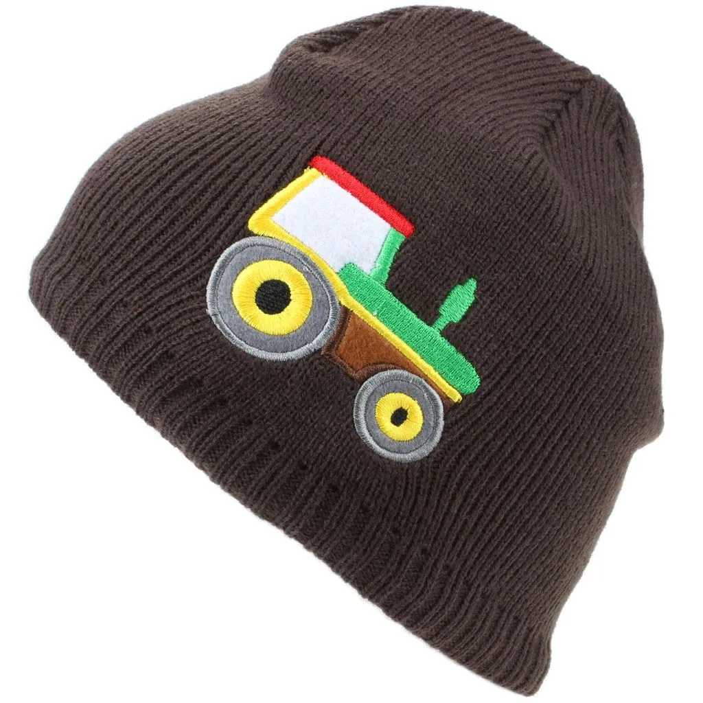 Childrens Fine Knit Beanie Hat with Embroidered Tractor - Brown