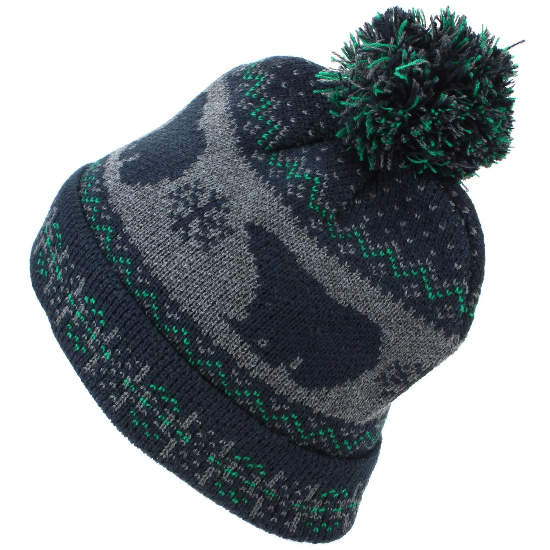 Childrens Fine Knit Bobble Beanie Hat with Polar Bear Print - Navy & Green