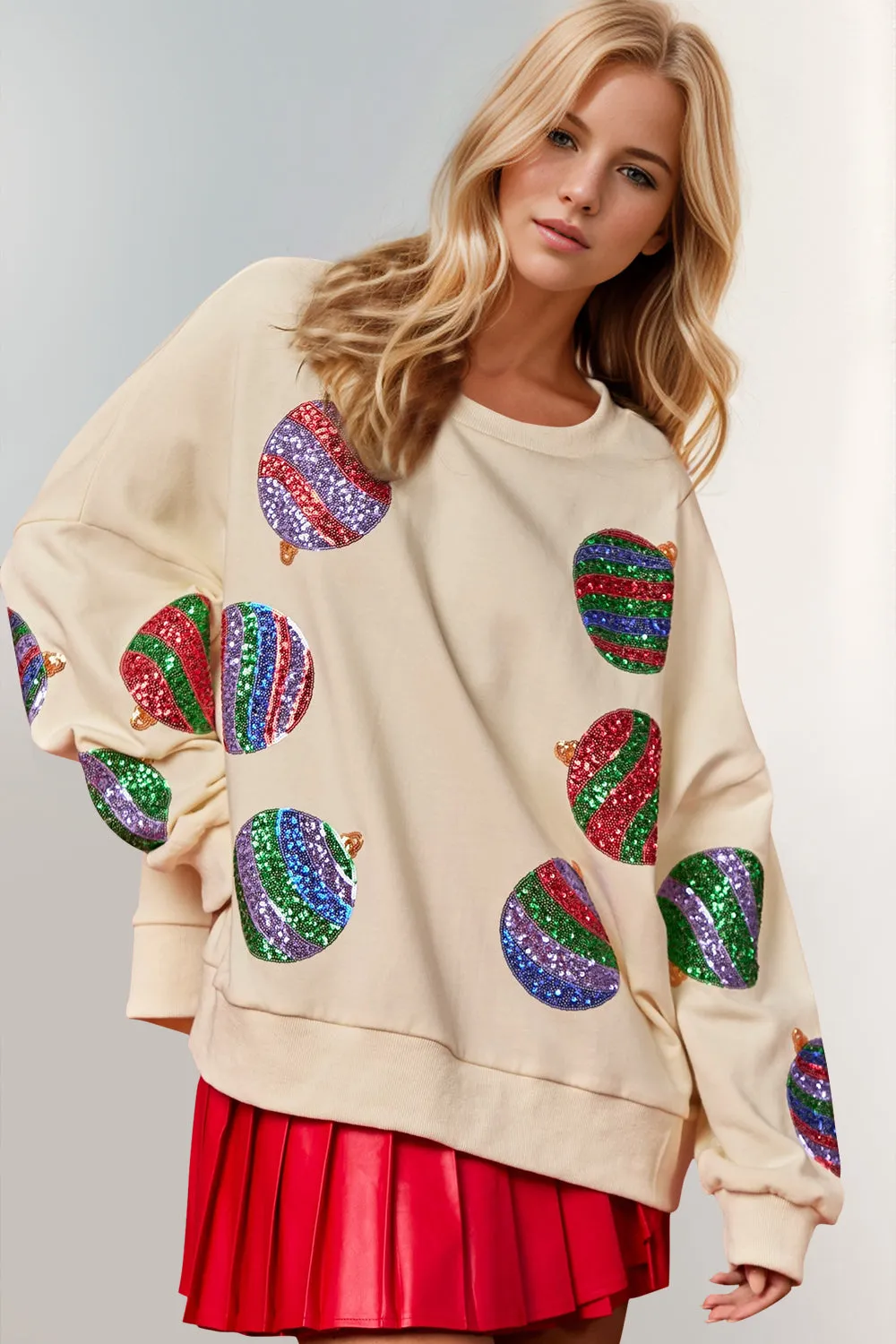 Christmas Element Sequin Round Neck Long Sleeve Sweatshirt