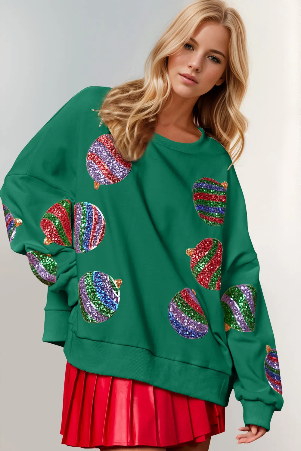 Christmas Element Sequin Round Neck Long Sleeve Sweatshirt