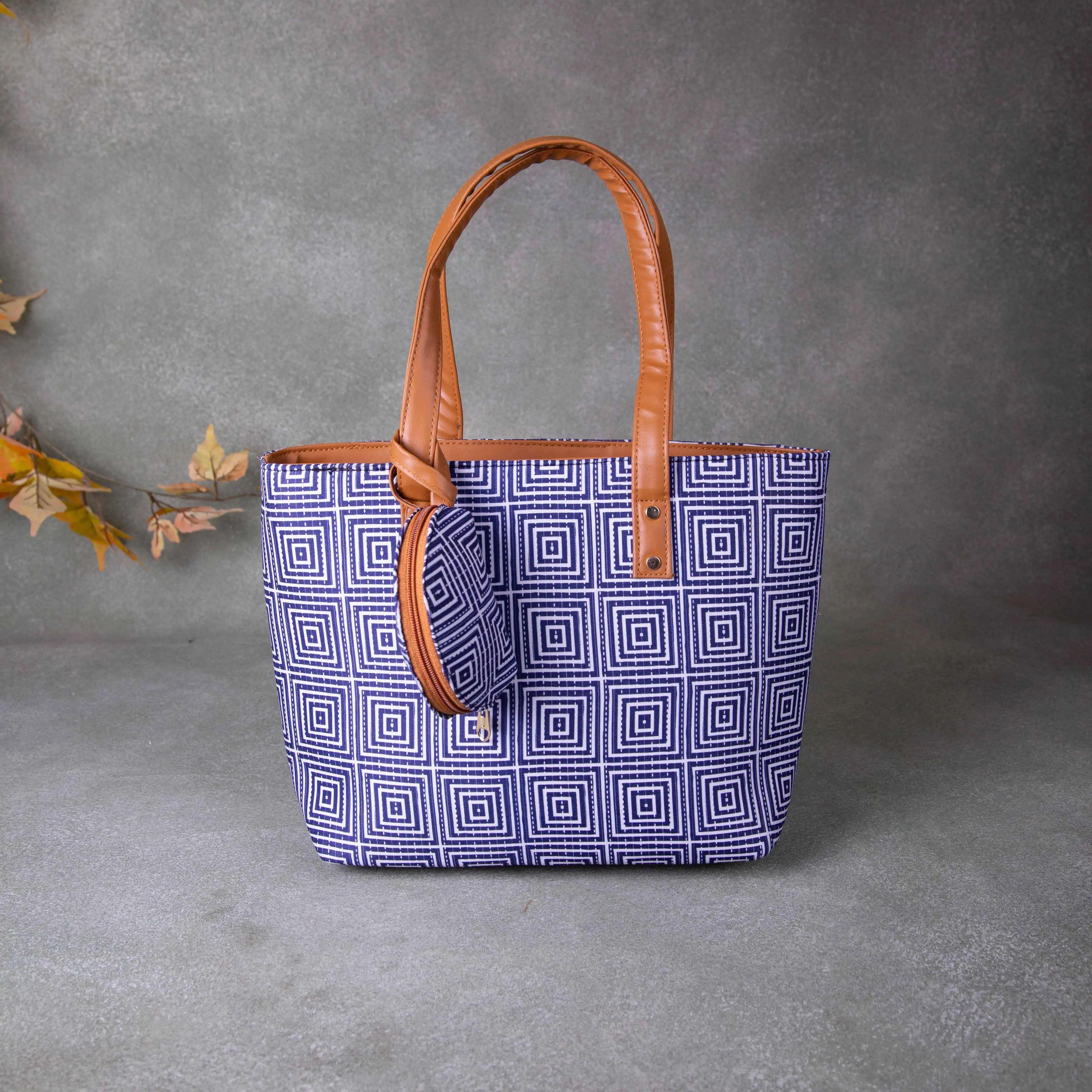 Double Zippered Tote Blue Colour with Geometrical Printed Design.