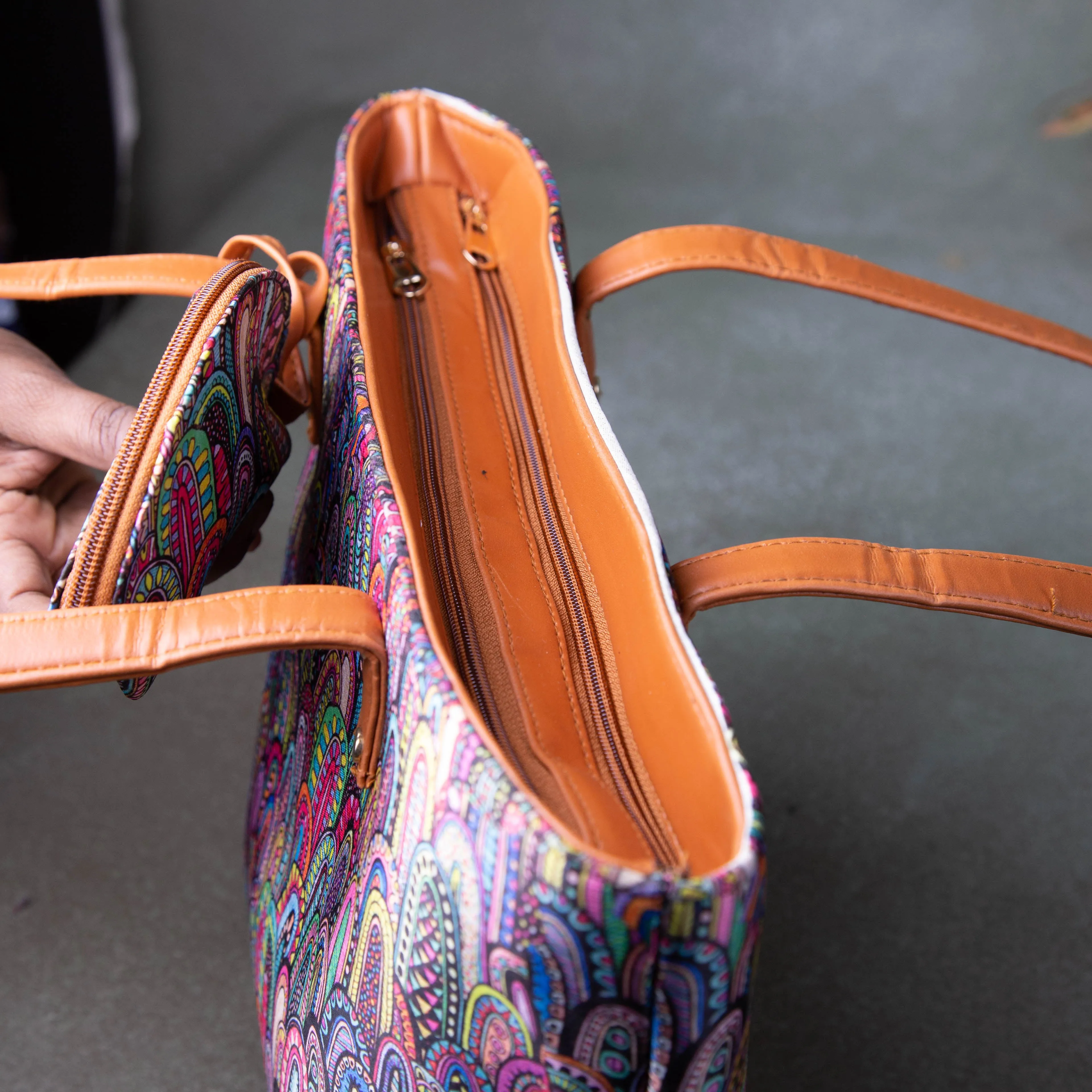 Double Zippered Tote Blue Colour with Geometrical Printed Design.