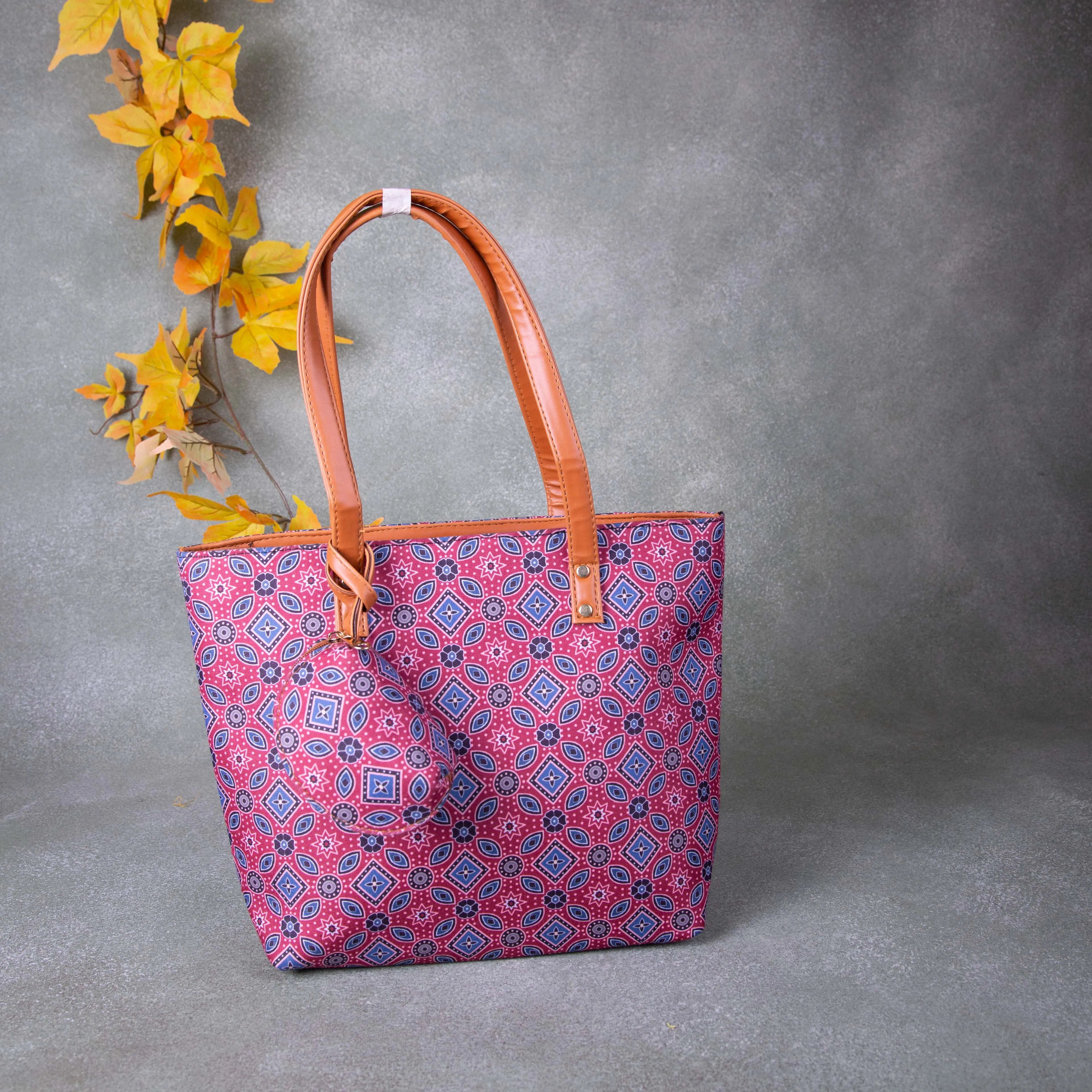 Double Zippered Tote Red Colour with Blue Diamond Design.