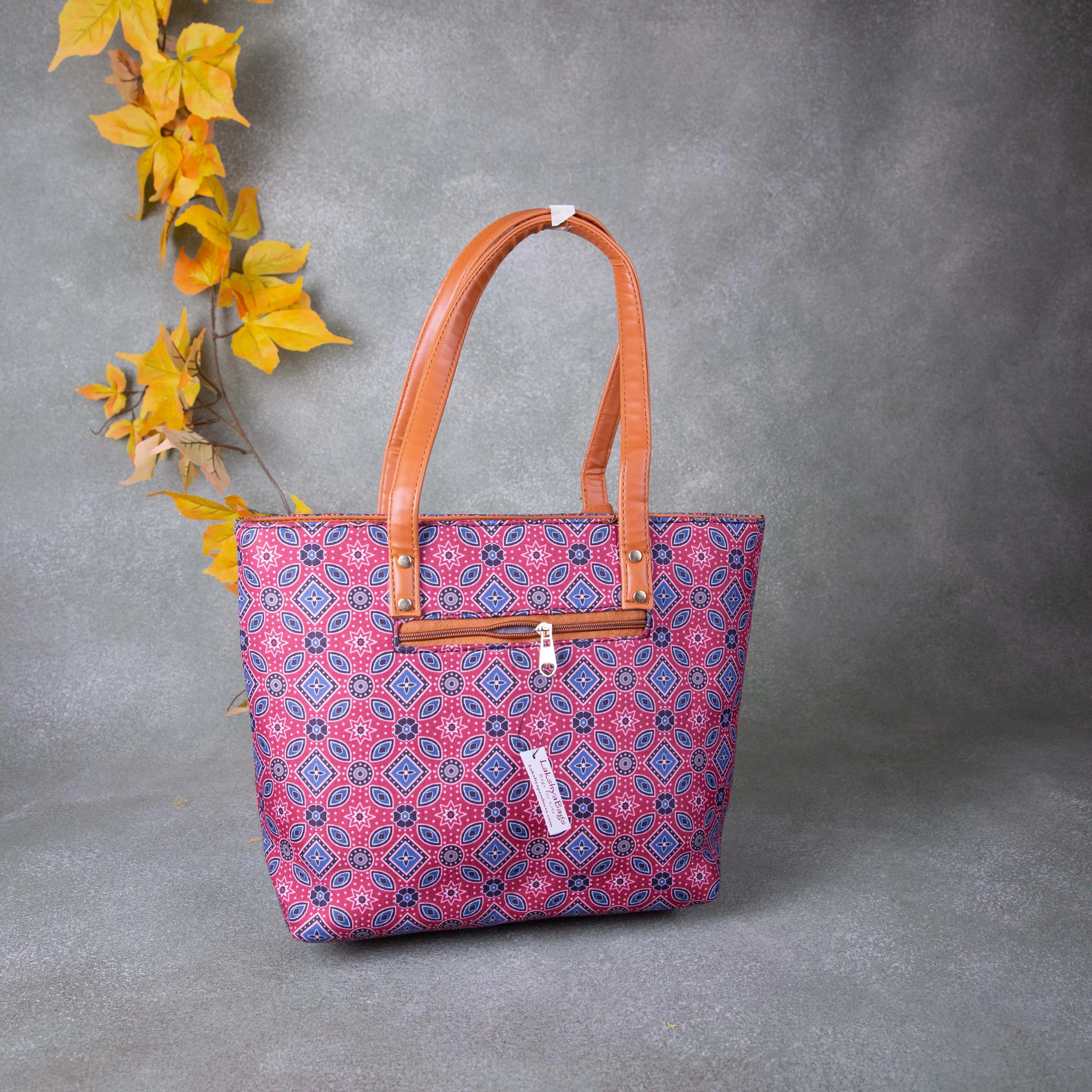 Double Zippered Tote Red Colour with Blue Diamond Design.