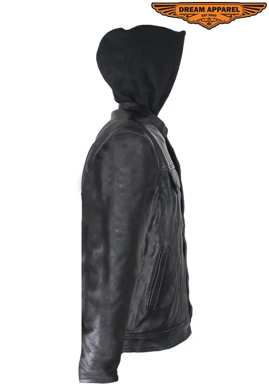 Dream Apparel Black Leather Jacket with Removable Sleeves & Hoodie