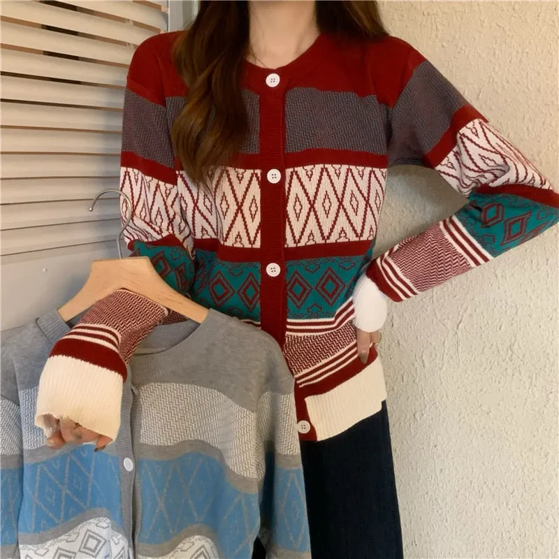 Fashion Argyle Plaid Women Cardigan Sweater Casual O Neck New 2022 Long Sleeve Knit Cardigans Red Korean Loose Fall Coats