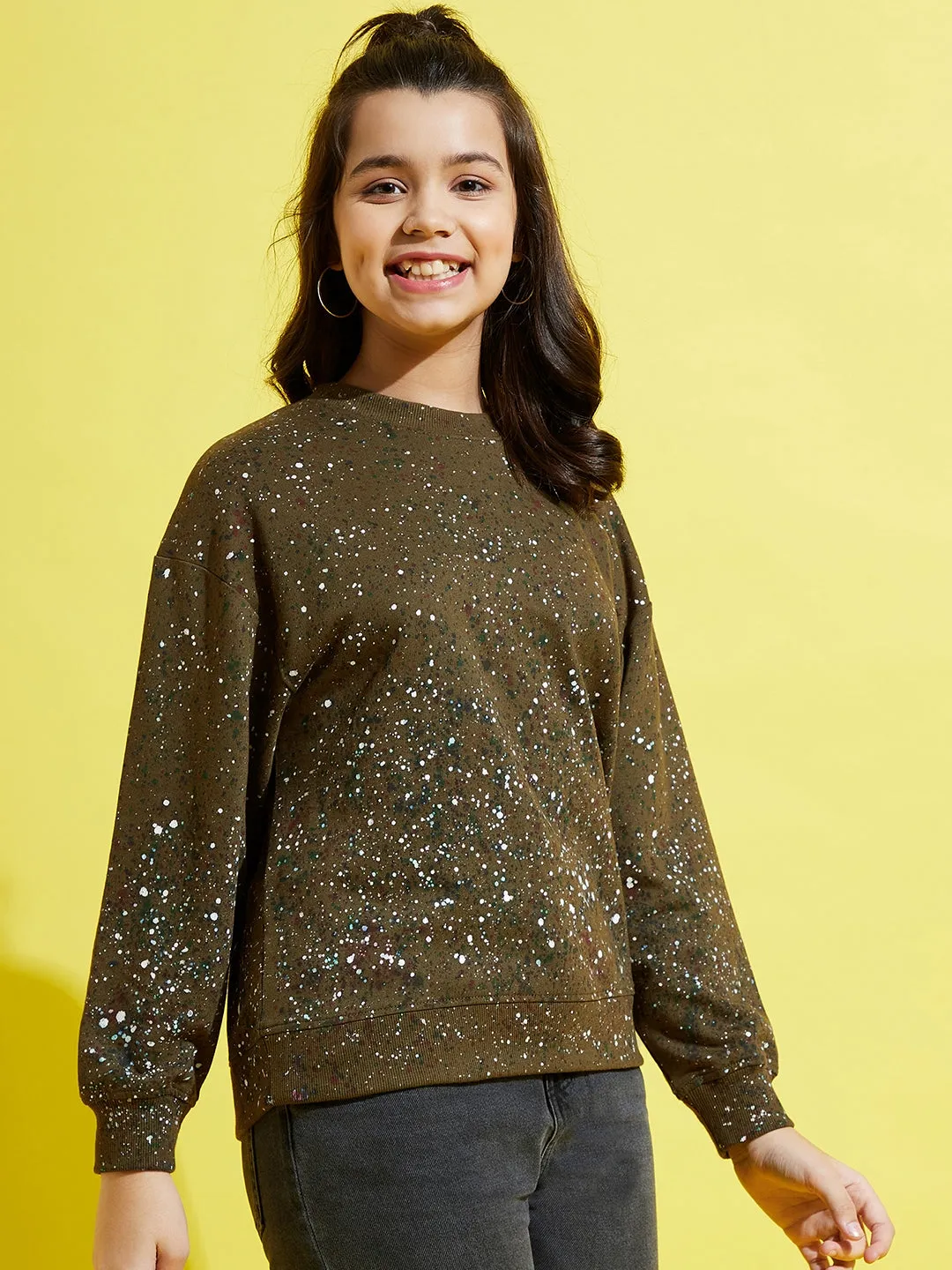 Girls Olive Terry Spray Print Oversize Sweatshirt