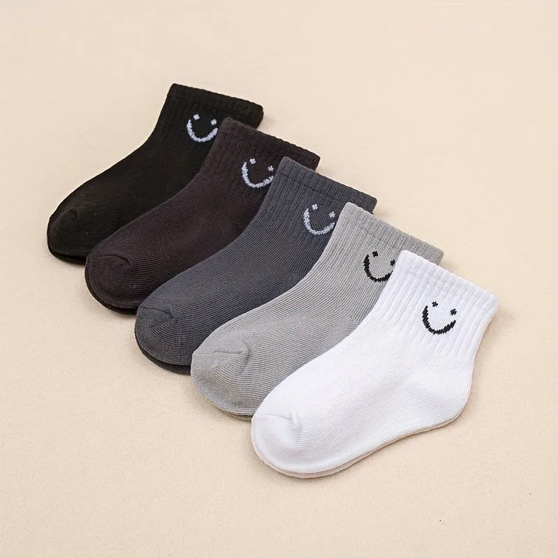 Kids Trendy Cartoon Smile Crew Socks 5 Pairs All Seasons