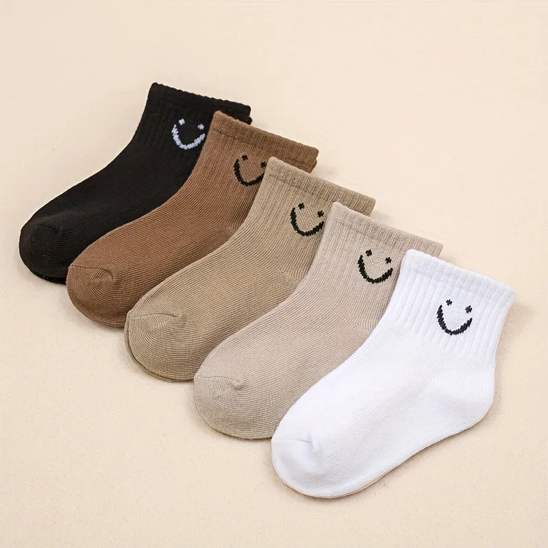 Kids Trendy Cartoon Smile Crew Socks 5 Pairs All Seasons