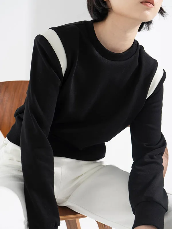 Long Sleeves Loose Contrast Color Round-Neck Sweatshirt Tops