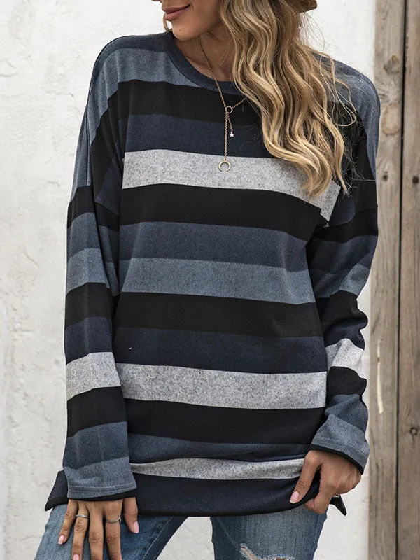 Long Sleeves Loose Split-Side Striped Round-Neck Sweatshirt Tops