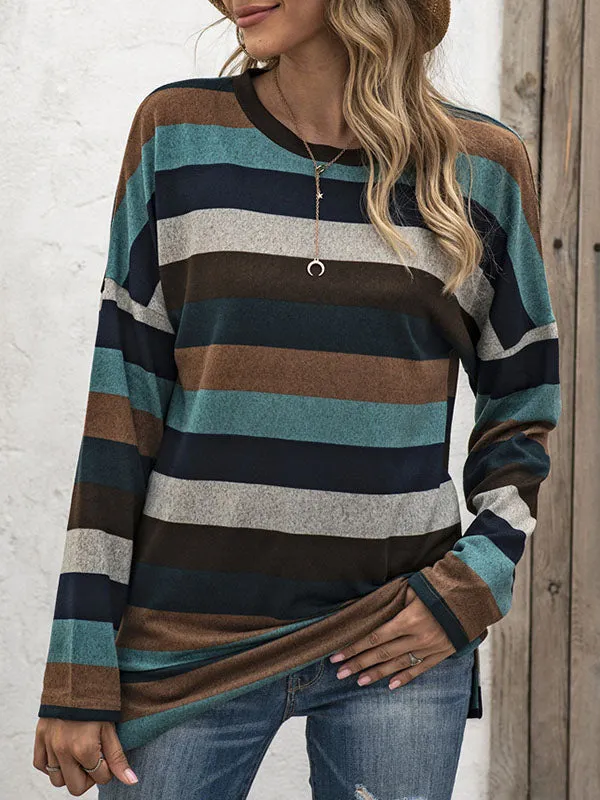 Long Sleeves Loose Split-Side Striped Round-Neck Sweatshirt Tops