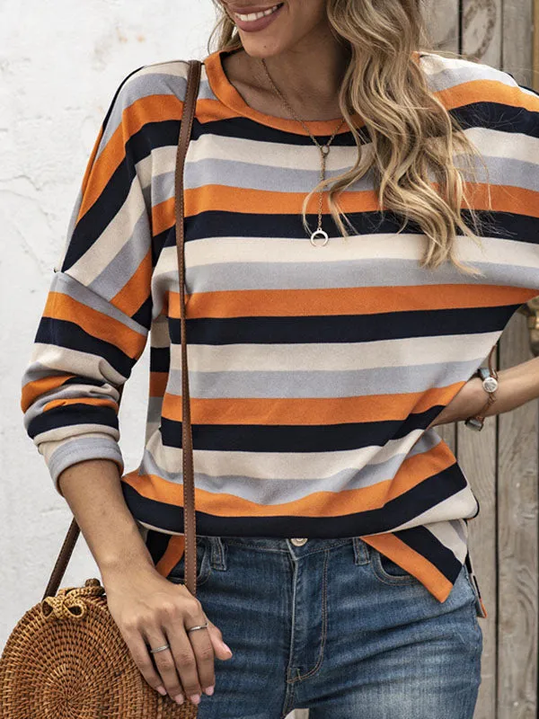 Long Sleeves Loose Split-Side Striped Round-Neck Sweatshirt Tops