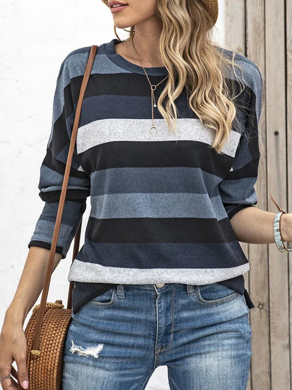 Long Sleeves Loose Split-Side Striped Round-Neck Sweatshirt Tops