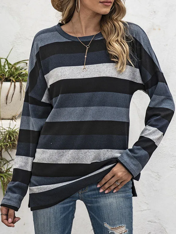 Long Sleeves Loose Split-Side Striped Round-Neck Sweatshirt Tops