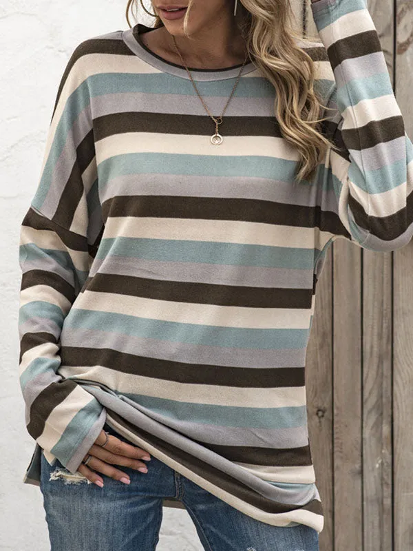 Long Sleeves Loose Split-Side Striped Round-Neck Sweatshirt Tops