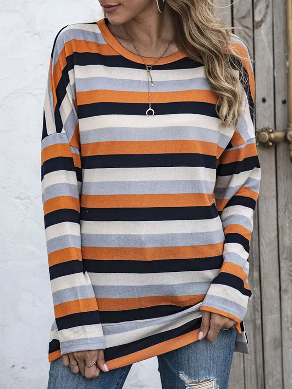 Long Sleeves Loose Split-Side Striped Round-Neck Sweatshirt Tops