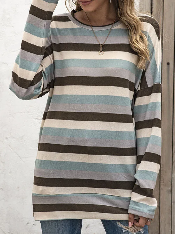 Long Sleeves Loose Split-Side Striped Round-Neck Sweatshirt Tops