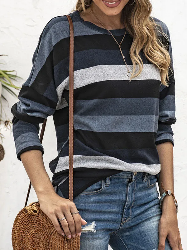 Long Sleeves Loose Split-Side Striped Round-Neck Sweatshirt Tops