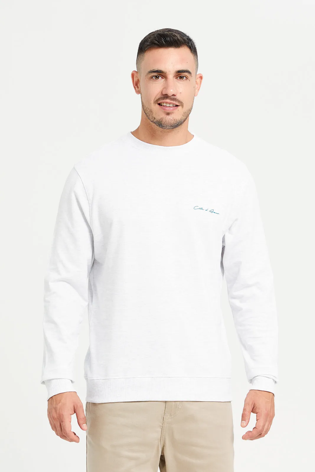 Men White Crew Neck Sweatshirt