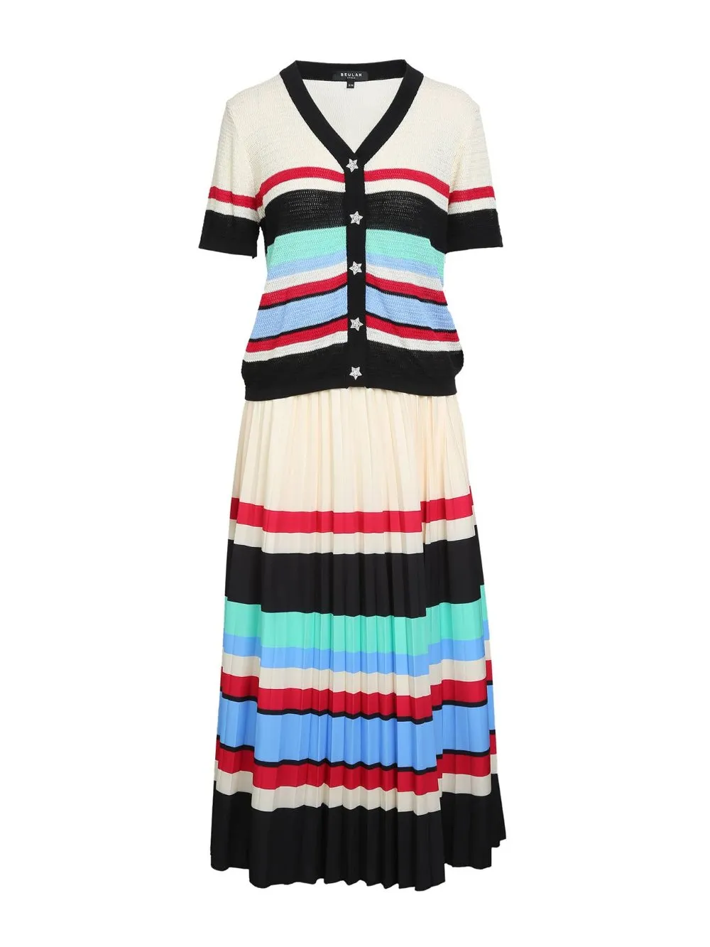 Multicolor Stripe Patterned Cardigan & Skirt Set