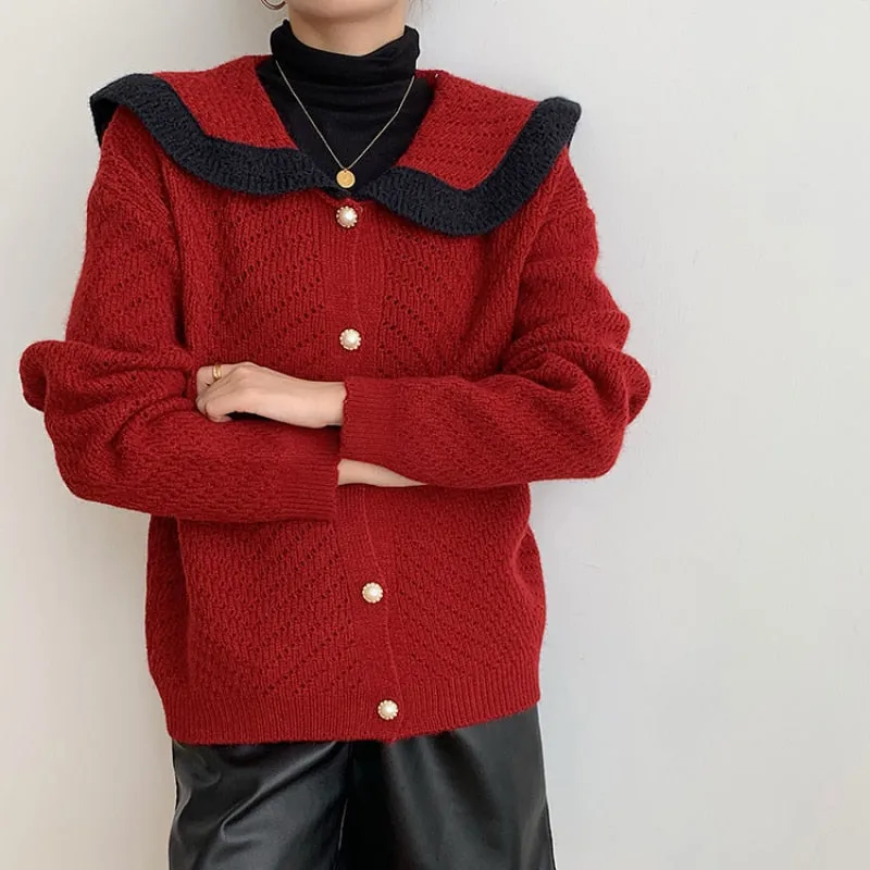 Patchwork Women Cardigan Sweater Harajuku Fashion Sailor Collar Pearl Button Knitted Jacket  Fall Casual Female Coats