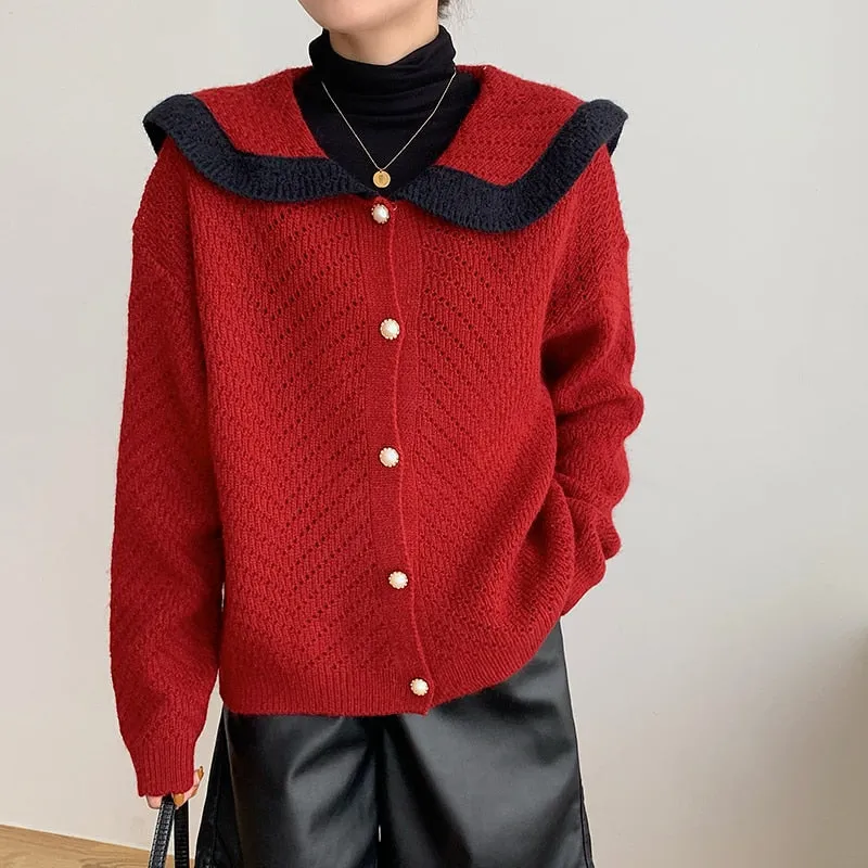 Patchwork Women Cardigan Sweater Harajuku Fashion Sailor Collar Pearl Button Knitted Jacket  Fall Casual Female Coats