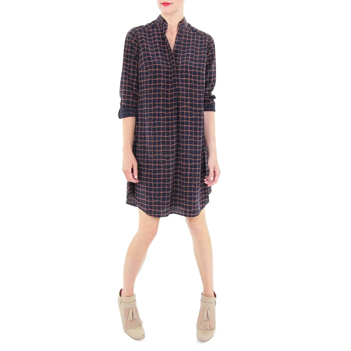 Roll Sleeve Tunic Style Shirtdress - Navy/Orange