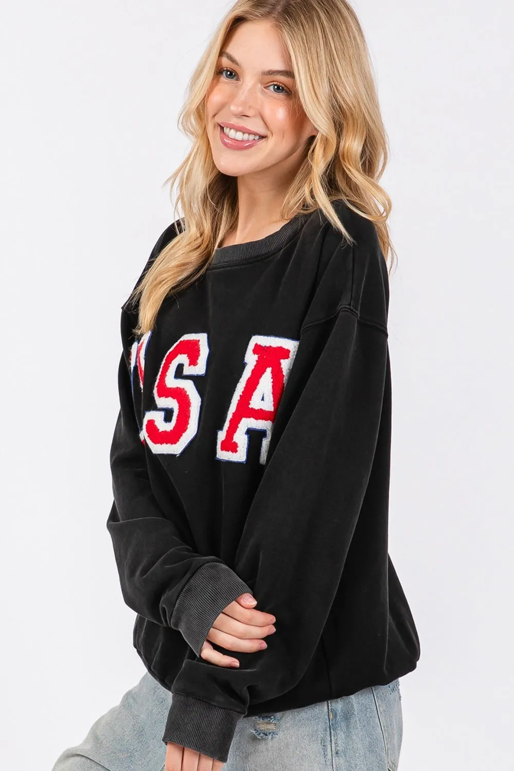 SAGE   FIG USA Letter Patch Round Neck Sweatshirt