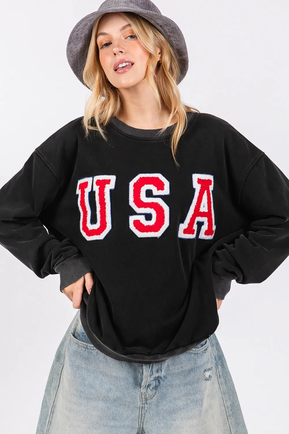 SAGE   FIG USA Letter Patch Round Neck Sweatshirt