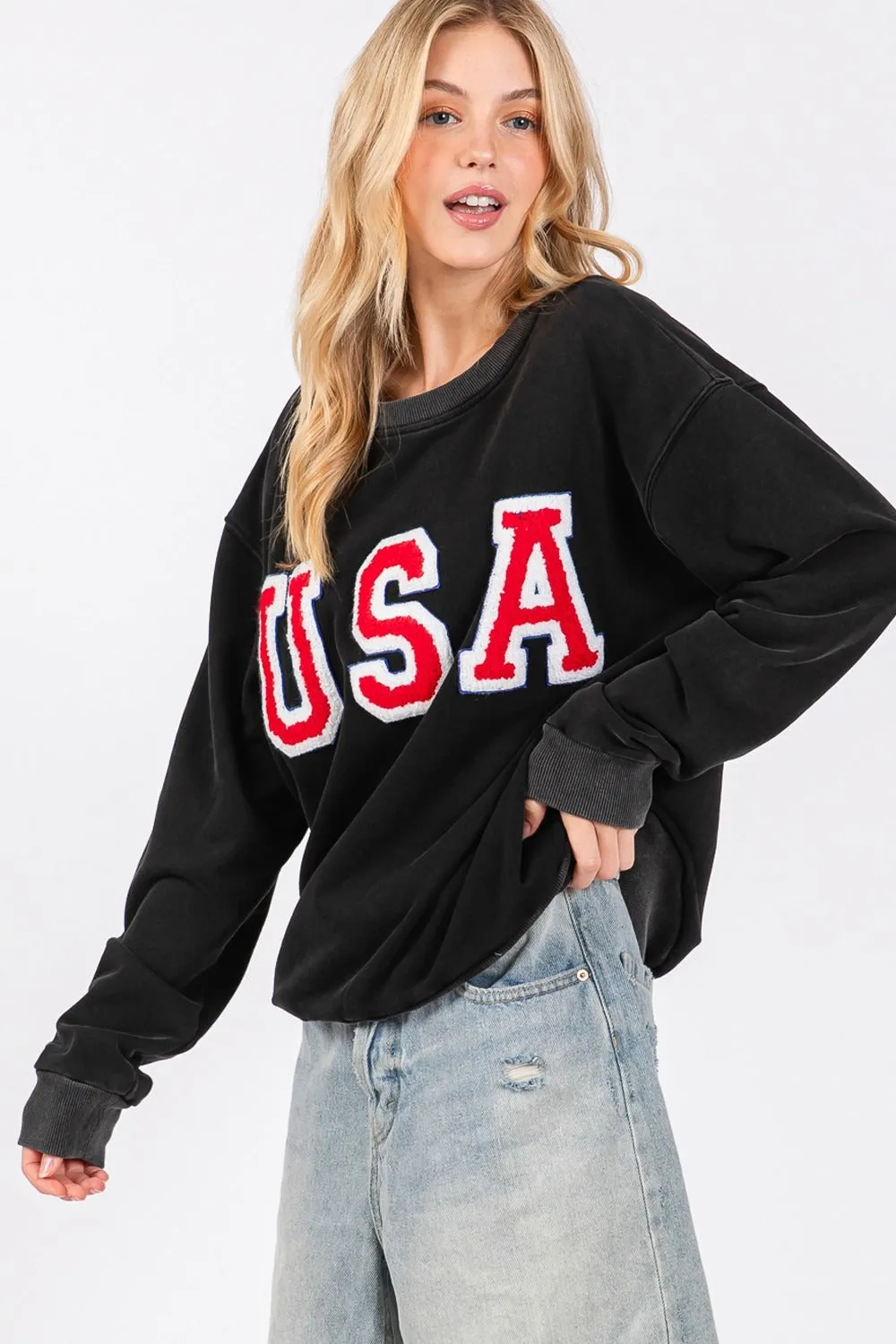 Sage   Fig USA Letter Patch Round Neck Sweatshirt