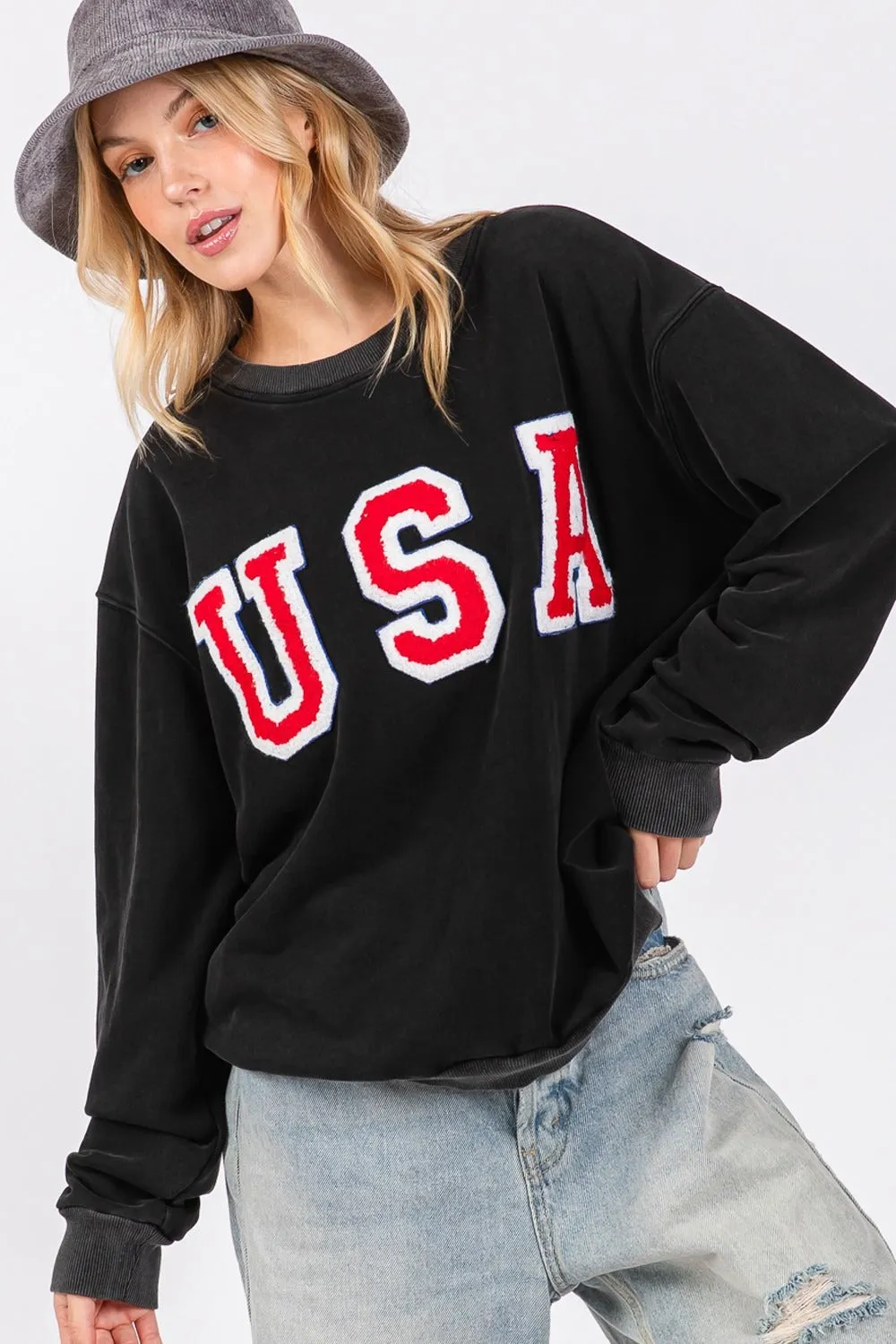 SAGE   FIG USA Letter Patch Round Neck Sweatshirt