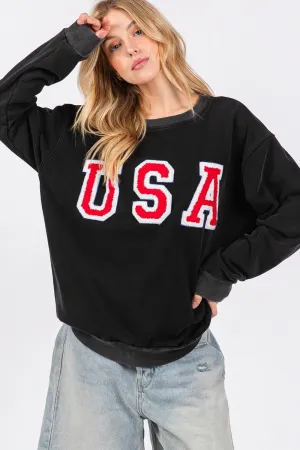 Sage   Fig USA Letter Patch Round Neck Sweatshirt