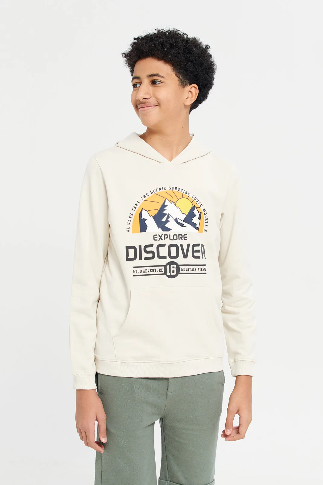 Senior Boys Beige Hoody Graphic Sweatshirt