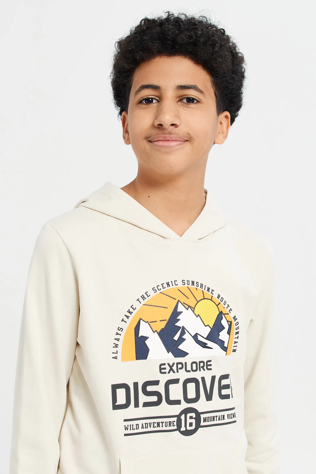 Senior Boys Beige Hoody Graphic Sweatshirt