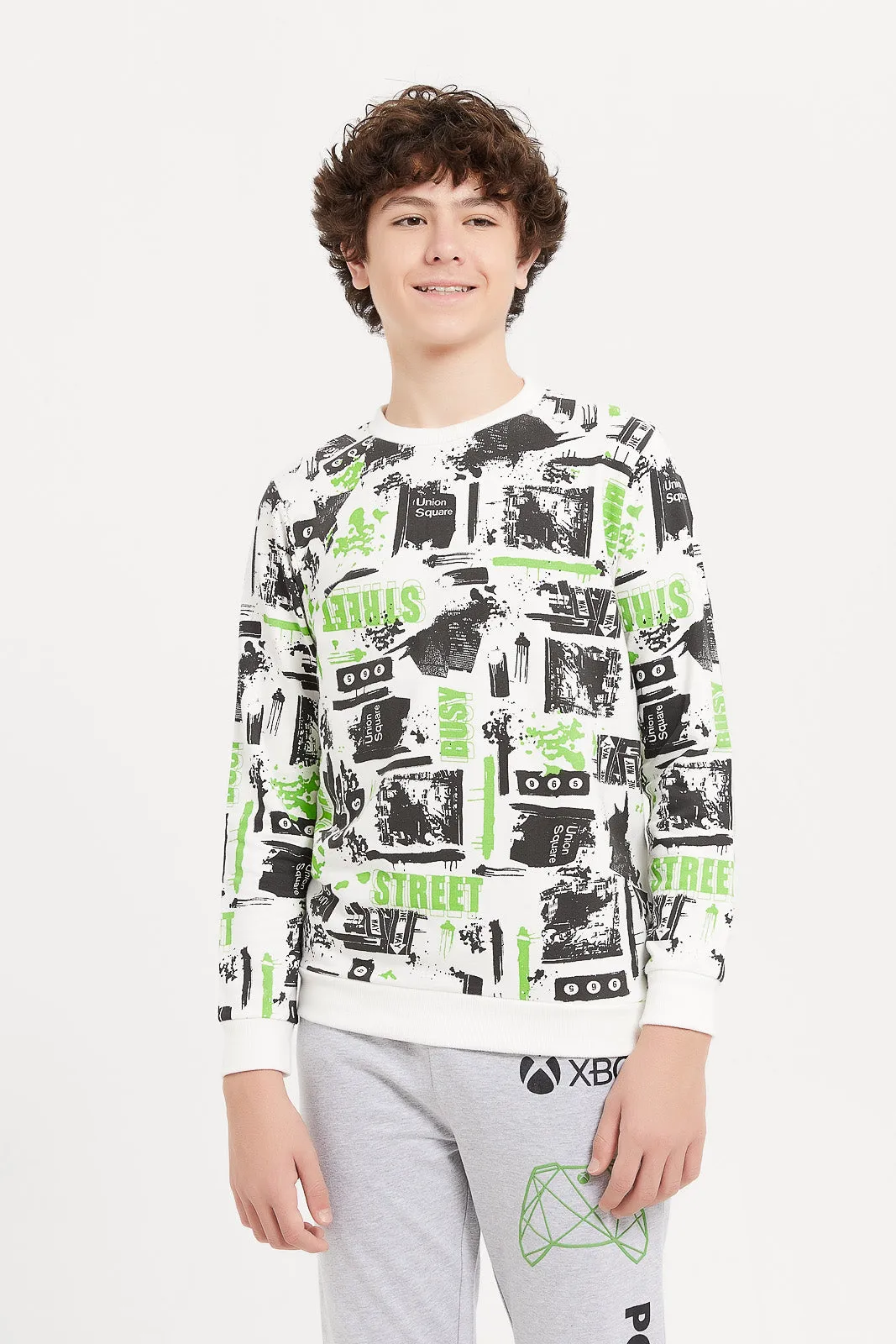 Senior Boys White Printed Sweatshirt