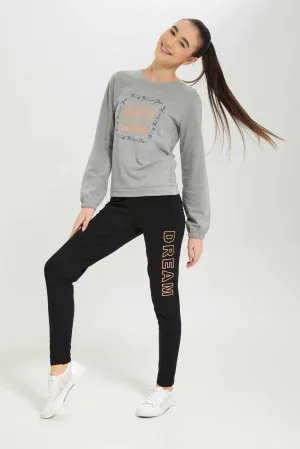 Senior Girls Grey And Black Dream Print Jogger Set(2 Piece)