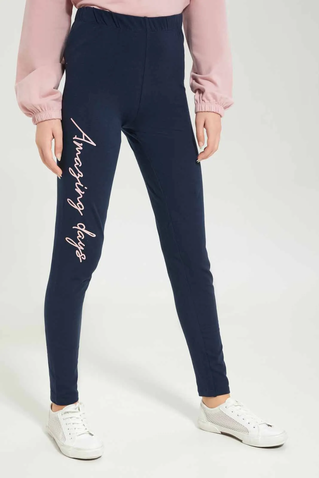 Senior Girls Pink And Navy Printed Jogger Set(2 Piece)