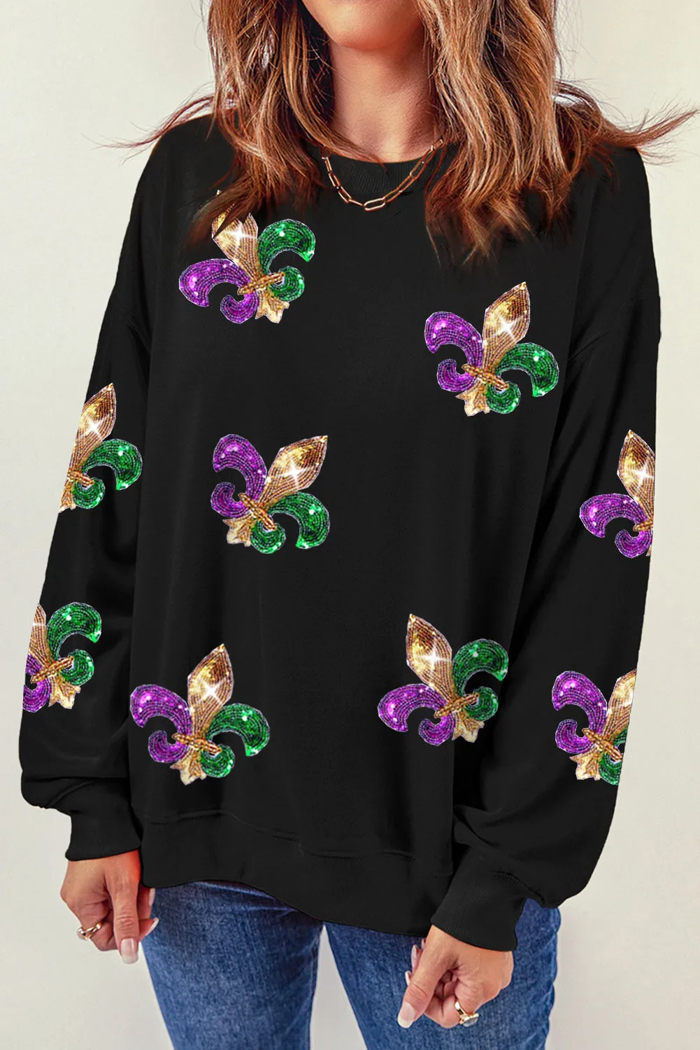 Sequin Mardi Gras Graphic Pullover Sweatshirt