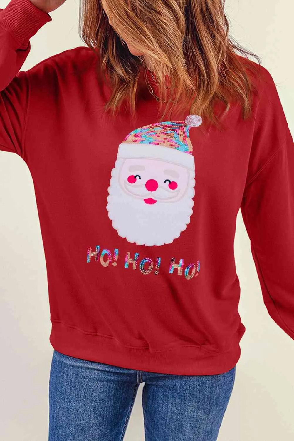 Sequin Santa Graphic Round Neck Sweatshirt