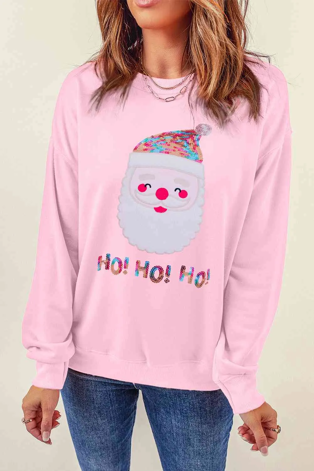 Sequin Santa Graphic Round Neck Sweatshirt