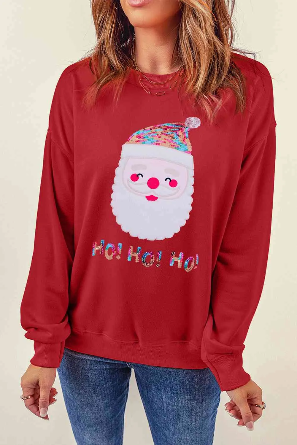 Sequin Santa Graphic Round Neck Sweatshirt